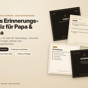 Puede incluir: Un juego de preguntas imprimible para padres y abuelos con tarjetas negras y crema con texto en alemán. Las tarjetas incluyen preguntas sobre la familia, una hoja de respuestas y una señal de stop. El diseño incluye títulos y botones.