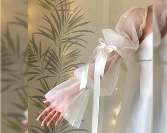 Puff Wedding Sleeves, Long Wedding Fingerless sleeves, Detachable Tulle Wedding Sleeves, Personalized Sleeves With Embroidery