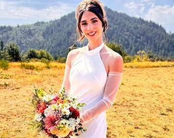Mangas de tul bordadas para novias, guantes de novia sin dedos