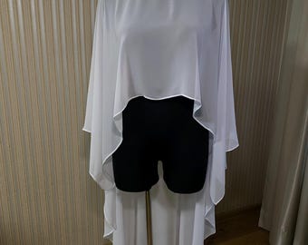 May include: White sheer cape with a high low hemline. The cape is made of a lightweight fabric and has a simple design.