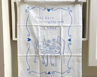 Tea Towel | “ Home” with tablescape illustration of food and wine | Organic Cotton | 50 x 65 cm
