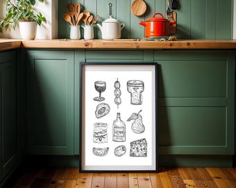 Kunstdruck „Herzhafte Speisen und Wein“ A3/A4 | Wanddekoration