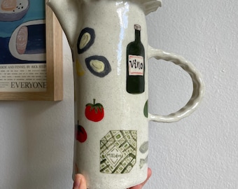 Handmade Ceramic Jug With Food and Wine Design