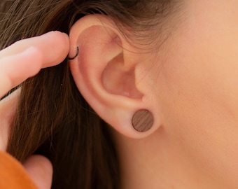 Round walnut stud earrings | geometric, laser cut jewelry