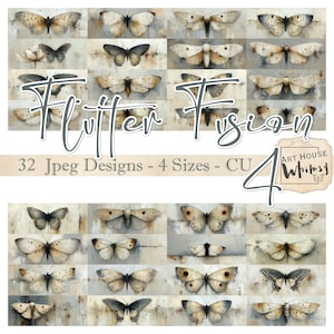 Peut inclure: Un collage de motifs de papillons dans des tons de marron, beige et gris. L'image comprend le texte "Flutter Fusion" et "32 Jpeg Designs - 4 Sizes - CU 4". Le logo Art House Whimsy est également visible.