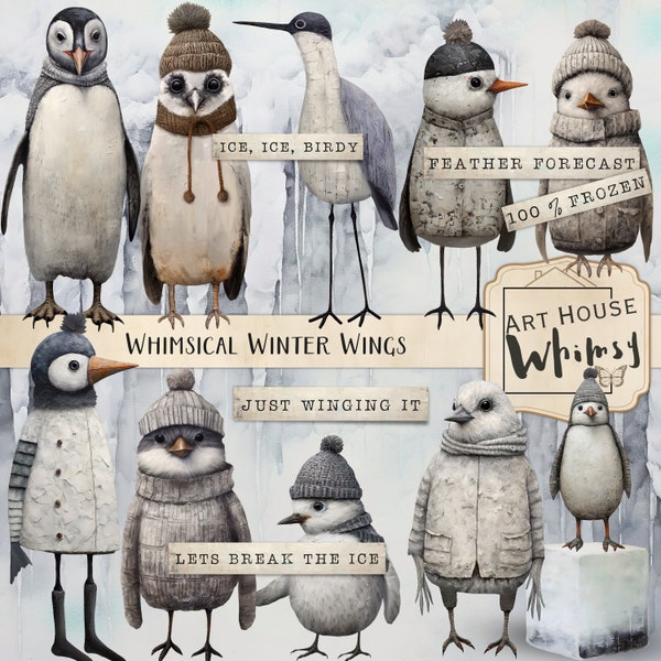 Whimsical Winter Wings, Quirky Winter Bird Graphics, Commercial Use, Christmas Clipart, 16 Png Elements, 4 Papers  & 5 Printable Sheets