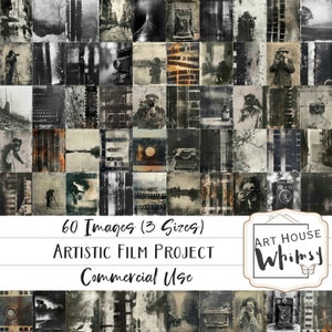 Artistiek filmproject - 60 fotograaf en filmafbeeldingen in arty grunge-stijl, art noir, 3 formaten, junkjournals, digitale kunst, CU
