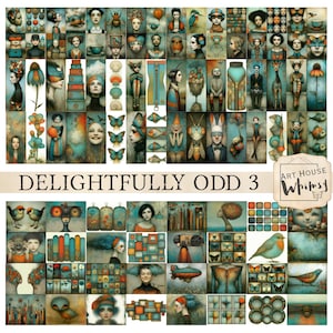 May include: A collage of whimsical art prints with a vintage aesthetic. The artwork features portraits, animals, and abstract designs in a palette of teal, orange, and brown. The text "DELIGHTFULLY ODD 3" is visible.