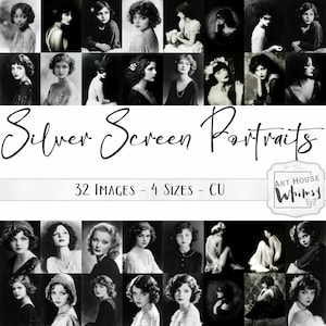 Silver Screen Portraits - 32 vintage glamour noir et blanc pour femmes et filles, Jpegs (4 tailles) journaux indésirables, Art numérique, Usage commercial