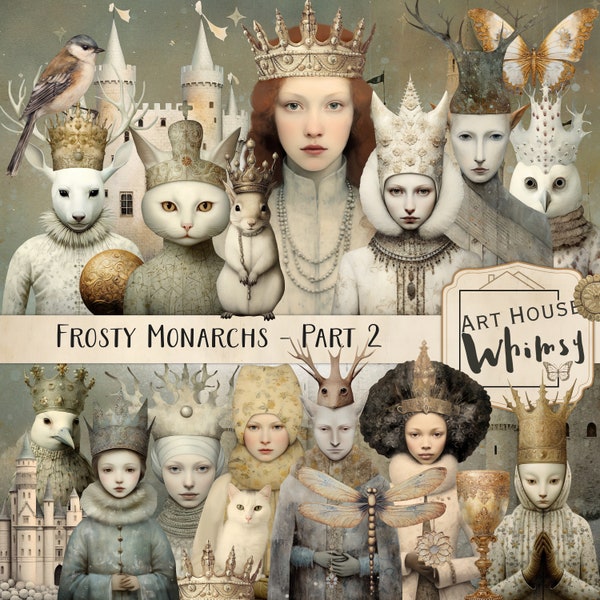Frosty Monarchs Part 2 - 62 png Snowy Winter Characters, Accessories & Word Tags, 12 Papers, 22 Printables, CU, Junk Journal, Digital Art