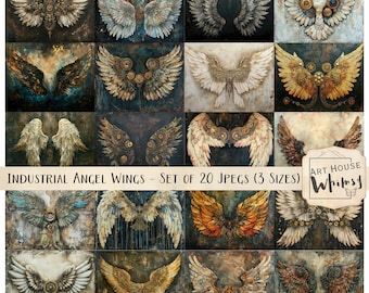 Industrial Angel Wings - 20 alas temáticas Steampunk, Papeles Jpeg, 3 Tamaños, CU, Descarga Digital, Diarios Basura, Arte Digital