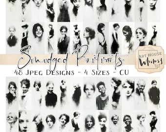 Smudged Portraits:  Black and white Moody Tall Images, Junk Journal Art (48 Jpegs, Digital Download, 4.25x11")