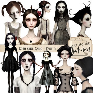 Goth Girl Gang Part 3 - 10 PNG Elements, 3 Print Sheets, Gothic/Horror/Halloween Characters, Gothic Clipart, Commercial Use, Junk Journal