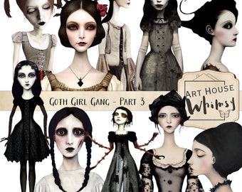 Goth Girl Gang Parte 3 - 10 elementos PNG, 3 hojas de impresión, personajes góticos/horror/Halloween, imágenes prediseñadas góticas, uso comercial, diario basura