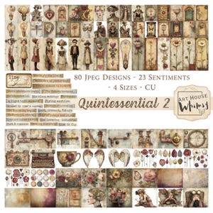 Quintessential 2 - Colección Steampunk suave, flores vintage rosas y doradas, 80 diseños y sentimientos, 4 tamaños, arte digital, diario basura, CU