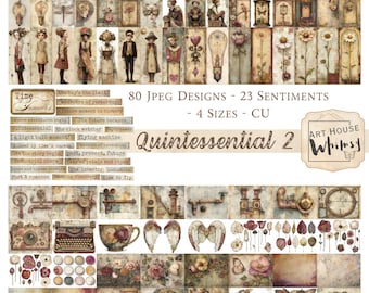 Quintessential 2 - Soft Steampunk Collection, Florals Vintage Pinks Gold, 80 Designs & Sentiments, 4 Sizes, Digital Art, Junk Journal, CU