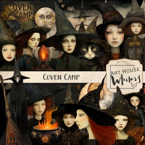 Coven Camp-Brujas y papeles caprichosos, imágenes prediseñadas de brujas, Halloween, uso comercial, diarios basura, 25 pngs, 15 artículos y 21 hojas imprimibles