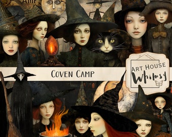 Coven Camp-Brujas y papeles caprichosos, imágenes prediseñadas de brujas, Halloween, uso comercial, diarios basura, 25 pngs, 15 artículos y 21 hojas imprimibles