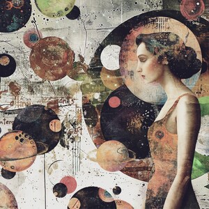 May include: A woman with long dark hair is depicted in a digital art collage. She is wearing a sleeveless dress with a colorful pattern. The background is a mix of abstract shapes and textures, including circles, stars, and swirls. The overall effect is dreamlike and ethereal.