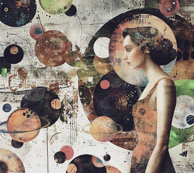 May include: A woman with long dark hair is depicted in a digital art collage. She is wearing a sleeveless dress with a colorful pattern. The background is a mix of abstract shapes and textures, including circles, stars, and swirls. The overall effect is dreamlike and ethereal.