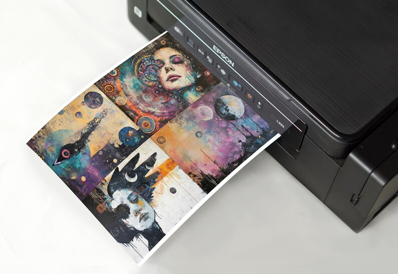 May include: A printer with a colorful abstract print of a woman's face and celestial bodies emerging from the paper tray.
