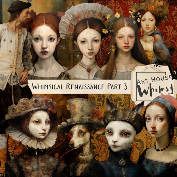 Whimsical Renaissance Part 3 - 10 PNG Graphics, 12 Papers, 18 Prints,Medieval Clipart, Junk journal, Commercial Use, Digital Download