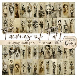 Può includere: Un collage di immagini in stile vintage raffiguranti fate con ali, abiti e elementi di foglie. Il testo "Fairies of Fall" è visualizzato sopra un banner con "48 Jpeg Designs - 4 Sizes - CU".