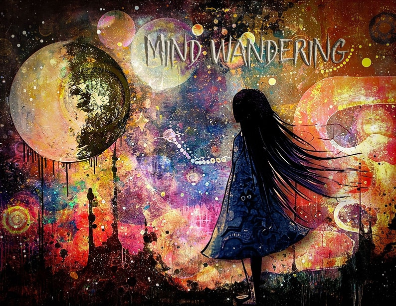 May include: A colorful abstract painting with a silhouette of a person with long hair standing in front of a large, glowing moon. The text "MIND WANDERING" is written in white letters across the top of the painting.