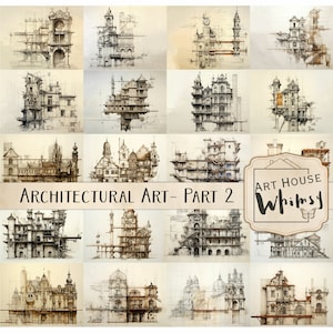 Architecture Art 2 - 20 malarskich starych budynków, 11X 8,5", szkice architektoniczne, CU, pobieranie cyfrowe, sztuka ścienna do druku, dziennik śmieci