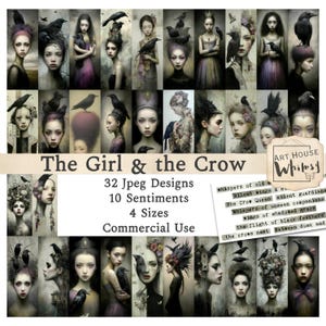 以下が含まれることがあります： 「The Girl & the Crow」というタイトルのデジタルアートプリント。カラスを持つ女性のポートレートのコラージュです。画像には「32 Jpeg Designs, 10 Sentiments, 4 Sizes, Commercial Use」と書かれています。