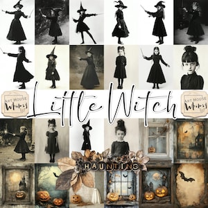 Little Witches - Halloween Griezelige zwart-witafbeeldingen van jonge heksen en achtergronden (4 maten) Digitale kunst, CU
