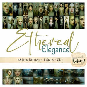 Ethereal Elegance - 48 Jpeg Designs, Fantasy Fairy Cyberpunk Steampunk Magical Blues Greens Golds (4 Sizes), Junk Journals, Digital Art,