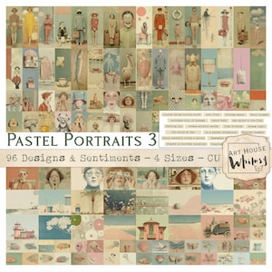 Retratos Pastel 3 - Verano Surrealista Retro Alegre Vintage, 96 diseños y sentimientos en JPEG, 4 tamaños, diarios basura de collage, arte digital,