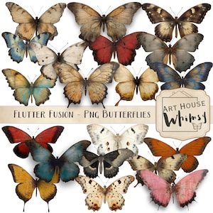 Flutter Fusion-20 Png techniques mixtes papillons, 4 éléments bonus et 7 feuilles imprimables, CU, téléchargement numérique, journaux indésirables, art numérique