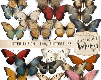 Flutter Fusion 1: Mixed Media Butterfly PNGs Commercial Use Digital Art, Collage Sheets (Digital Download)