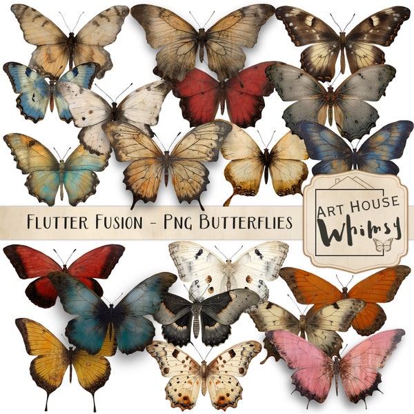 Flutter Fusion-20 Png Mixed Media Butterflies, 4 Bonus Elements & 7 Printable Sheets, CU,  Digital Download, Junk Journals, Digital Art