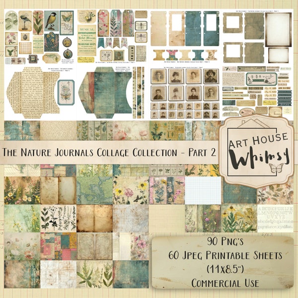 The Nature Journals Collage Collection 2 - Spring Nature Field Notes Vintage Kit, 60 Collage Sheets (11x8.5"), 90 Pngs, Junk Journal, CU