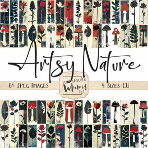 Artsy Nature - 64 Tall Skinny Rood Zwart Blauw Crème Grungy Paddestoelen Botanicals Bladeren Bloemen Gestempelde look, 4 Maten, Junk Journal, CU