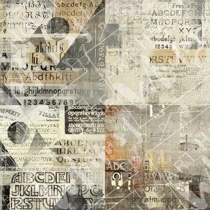 May include: A collage of vintage paper textures with overlapping layers of text and numbers. The text includes the alphabet, numbers, and words like "French Pr", "VILLAE", and "AP OF PROPERTY". The background is a mix of beige, brown, and gray.