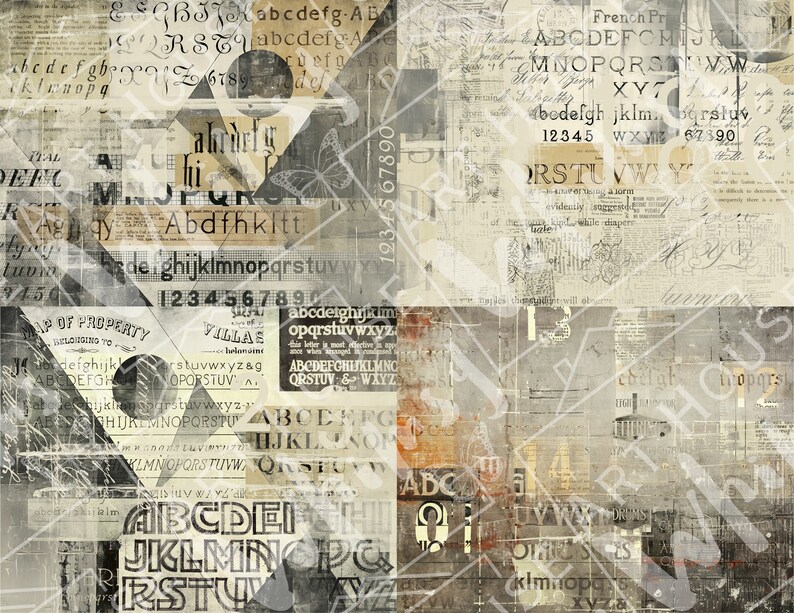 May include: A collage of vintage paper textures with overlapping layers of text and numbers. The text includes the alphabet, numbers, and words like "French Pr", "VILLAE", and "AP OF PROPERTY". The background is a mix of beige, brown, and gray.