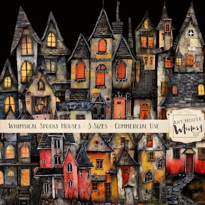 Casas assustadoras caprichosas, gráficos divertidos de Halloween, clipart assustador, 10 elementos Png e 7 folhas imprimíveis, diários indesejados, arte digital, CU