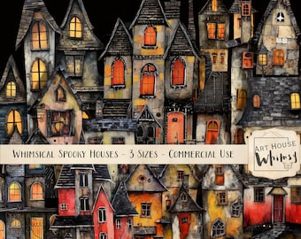 Whimsical Spooky Houses Clipart: Halloween Graphics, Printable Sheets (CU)