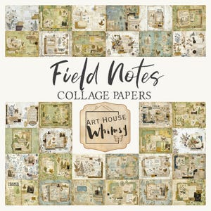 Puede incluir: Una colección de papeles de collage con ilustraciones botánicas, escritura antigua y notas de campo en tonos verdes, marrones y crema. El texto "Field Notes COLLAGE PAPERS" y "ART HOUSE Whimsy" está impreso en el centro de la imagen.