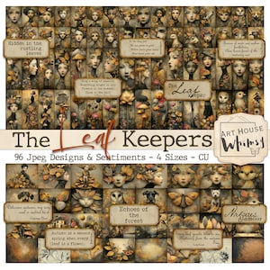 May include: A collage of digital art featuring faces, animals, and botanical elements in autumnal tones. The text includes "The Leaf Keepers," "96 Jpeg Designs & Sentiments," and quotes about autumn and nature. The Art House Whimsy logo is visible.