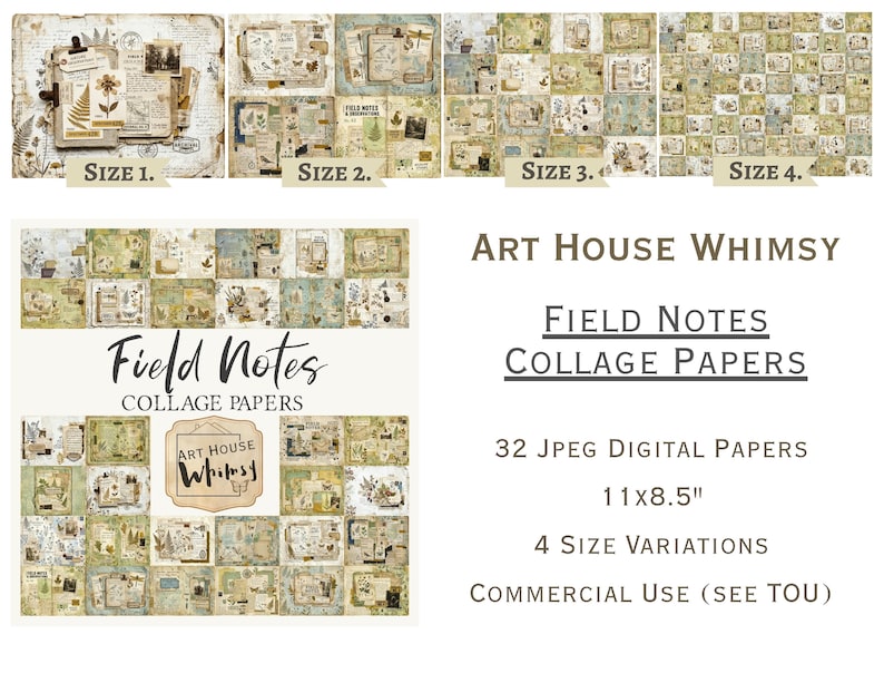 May include: A collection of 32 digital collage papers titled Art House Whimsy Field Notes Collage Papers, measuring 11x8.5 inches. The set features four size variations with vintage-style botanical illustrations, handwritten notes, and ephemera.