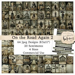 May include: A collage of vintage-style images featuring people with luggage, and landscape scenes. The text "On the Road Again 2" is displayed, along with details about the designs, sentiments, and sizes. The images have a sepia tone.