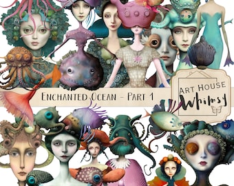 Octopus Ladies Clipart: Enchanted Ocean PNGs, Collage Sheets (Digital Download)
