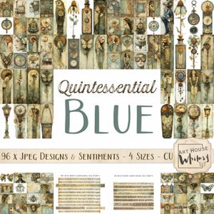 Signature-Blue - Soft Steampunk Kollektion Vintage Blues Oranges, 96 Designs & Sentiment, 4 Größen, Digital Art, Junk Journal, CU