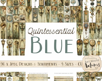 May include: A digital collage sheet with 96 images and text. The images are in a vintage style with a blue and green color scheme. The text says "Quintessential Blue" and "Art House Whimsy".