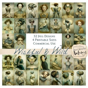 May include: A collage of 32 vintage-style portraits of women in various poses and attire. The images are in muted tones of blue, green, and gold. Text on the image reads "32 JPEG Designs, 4 Printable Sizes, Commercial Use" and "Wistful & Wild".